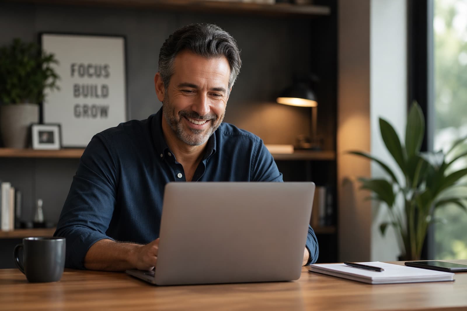 A business owner smiling at his laptop while reviewing funding options on Funded by Frank